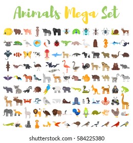 Vector flat style big set of animals: bear, cow, hedgehog, parrot, rabbit. Icon for web. Isolated on white background.