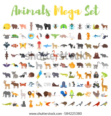 Vector flat style big set of animals: bear, cow, hedgehog, parrot, rabbit. Icon for web. Isolated on white background.