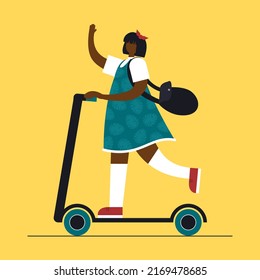 
Vector, flat style, Bodypositive girl in a sundress rides a scooter. Summer mood. Design elements and illustrations.