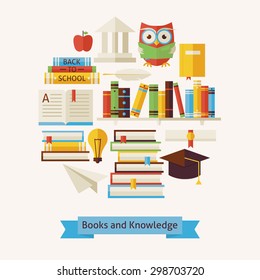 Vector Flat Style Books Education and Knowledge Colorful Objects Concept. Flat Design Vector Illustration. Collection of Wisdom Library and Reading Books. Set of School University and Learning Items.