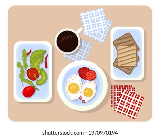 Vector flat style breakfast or brunch with food on plates and coffee. Fried eggs, toast, fresh vegetables and espresso illustration.