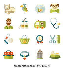 Vector flat style bright colored pet and vet icons set.  Cat, dog, bird and fish flat symbols. Illustration with goods for animals.