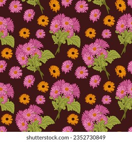 Vector flat style bunches of gerberas pattern. Bouquets of pink flowers with yellow flowers on dark background. Perfect for wrapping paper, background, wallpaper, textile, banner