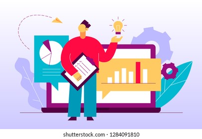 Vector flat style business and finance  design concept with big modern people, man  holding idea light bulb. Trendy brainstorming  illustration with cogs, graphs, diagrams, paper plane, leaves.
