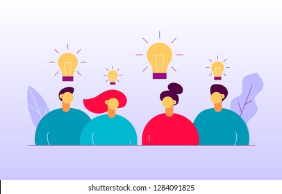 Vector flat style business teamwork and idea  design concept with big modern people, light bulbs, leaves. Trendy brainstorming  illustration with men and women