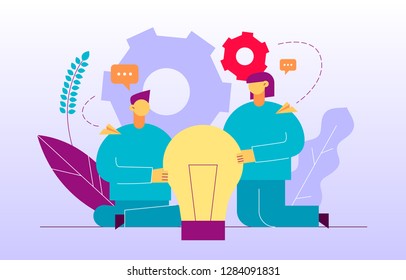 Vector flat style business teamwork and idea  design concept with big modern people, light bulb. Trendy brainstorming  illustration with men and women, cogs, leaves, paper planes