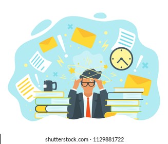 Vector flat style businessman having trouble with thinking. No idea concept. Man with the stars spinning around his head. Too many tasks and things to do in a short time.