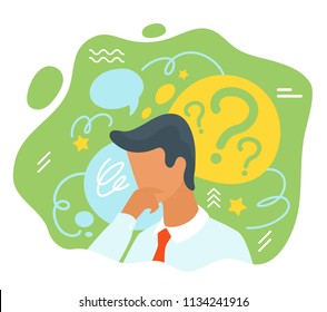 Vector flat style businessman having trouble with thinking. No idea concept. Question signs. Вoubting man.