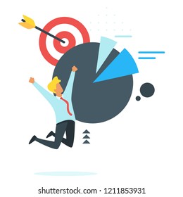 Vector flat style businessman jumps from happiness. Idea sign in speech bubble. Isolated on white background with graph and goal sign. Success business concept.