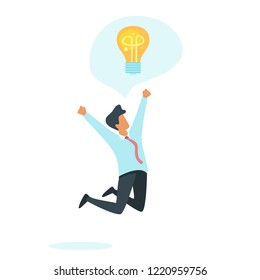 Vector flat style businessman jumps from happiness. Idea sign in speech bubble. Isolated on white background. Success business concept.