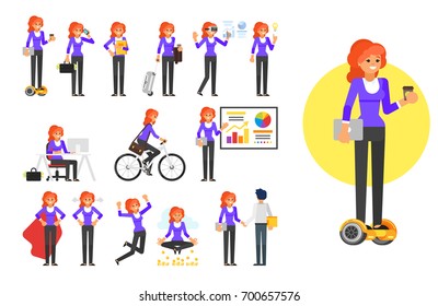 Vector flat style businesswoman character set. Different poses. Isolated on white background.