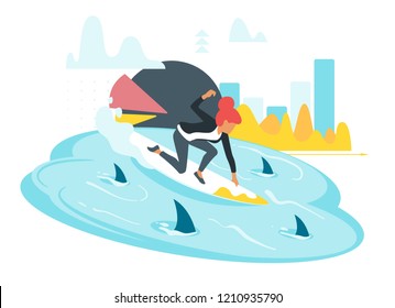 Vector Flat Style Businesswoman Surfing Water Full Of Shark Fin As A Symbol Of Business Risk. Leadership Concept. Minimalism Design With People Silhouettes. Graphs And Charts At The Background.
