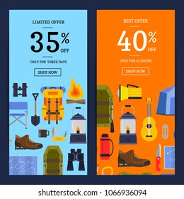 Vector flat style camping elements vertical sale web banners illustration