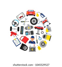 Vector flat style car service elements gathered in circle illustration