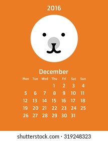 Vector Flat style cartoon 2016 calendar  Europe grid - weeks  star on Monday  December with cartoon polar bear on orange background