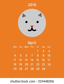 Vector Flat style cartoon 2016 calendar Europe grid - weeks starts on Monday December with cartoon cat  on orange background
