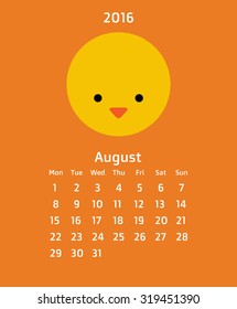 Vector Flat style cartoon 2016 calendar Europe grid - weeks starts on Monday December with cartoon chicken on orange background
