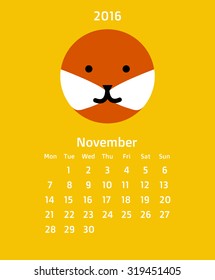 Vector Flat style cartoon 2016 calendar Europe grid - weeks starts on Monday December with cartoon fox on yellow background
