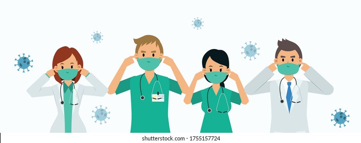Vector flat style cartoon character of a team of doctor, medical staff
are wearing medical masks to prevent disease, flu,Covid-19, virus.