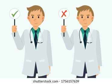 Vector flat style cartoon character of male doctor with a right and wrong sign. 