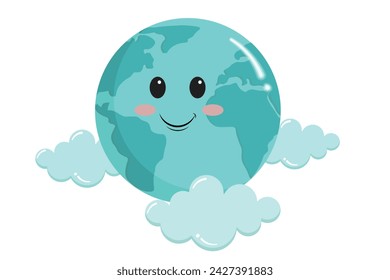Vector flat style cartoon cute globe earth with flat clouds. Isolated on white background.