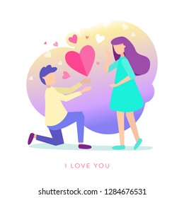 Vector flat style cartoon illustration of a man and woman. Young man makes on knee an offer of marriage to pretty woman, declaration of love. Minimalism design with exaggerated objects