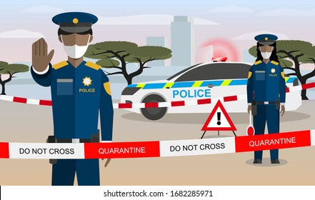 Vector Flat Style Cartoon Illustration Concept: Male and Female African Police Officers Guarding Closed City or Border in Africa Because of Corona Virus COVID-19 Infection Pandemic Quarantine.