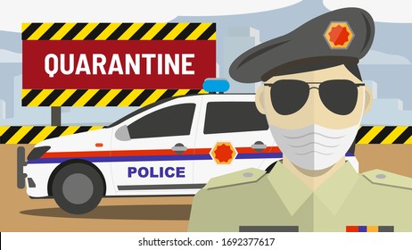 Vector Flat Style Cartoon Illustration Concept: Male Indian Police Officers in face mask Guarding Closed City or Border in India Because of Corona Virus COVID-19 Infection Pandemic Quarantine. 