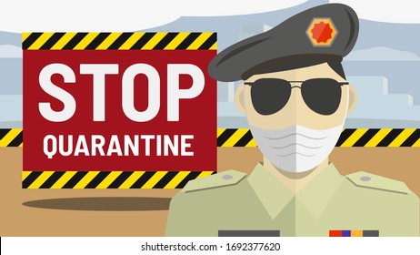 Vector Flat Style Cartoon Illustration Concept: Male Indian Police Officers in face mask Guarding Closed City or Border in India Because of Corona Virus COVID-19 Infection Pandemic Quarantine. 