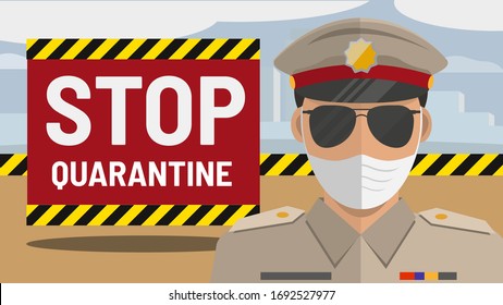 Vector Flat Style Cartoon Illustration Concept: Male Indian Police Officers in face mask Guarding Closed City or Border in India Because of Corona Virus COVID-19 Infection Pandemic Quarantine. 