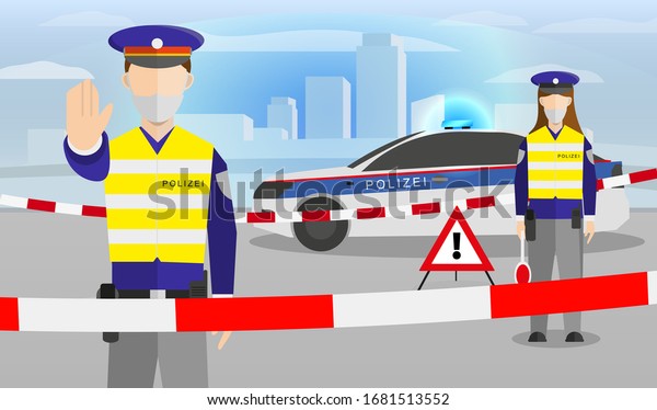 Vector Flat Style Cartoon Illustration\
Concept: Male and Female Austrian Police Officers Guarding Closed\
City or Border in Austria Because of Corona Virus COVID-19\
Infection Pandemic\
Quarantine.