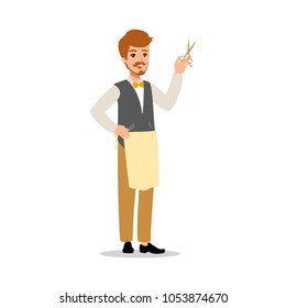 Vector flat style character barber guy with scissors. Isolated on white background.