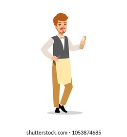 Vector flat style character barber guy with comb. Isolated on white background.