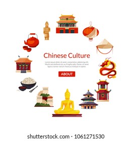 Vector flat style china elements and sights in circle form with place for text in center round illustration