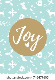 Vector flat style Christmas and New Year greeting card with cute holiday pattern on blue background.