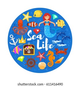 Vector flat style circle composition with sea life icons. Icon for web. Isolated on white background. 