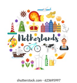 Vector flat style circle shape composition of Netherlands national cultural symbols. Template for banner or poster for tourist. Isolated on white background.
