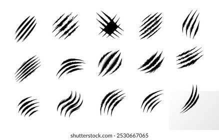 vector flat style claw scratches icons collection. horror, tigers paw, claw, attack, sharp, scratch, damage, torn dangerous conceptual illustration. creative logotype illustration of claw marks	