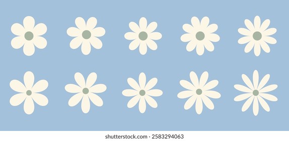 Vector flat style collection of colorful flowers. Floral pattern features whimsical daisies on soft blue background. Perfect for textiles, wallpapers, and cheerful designs.