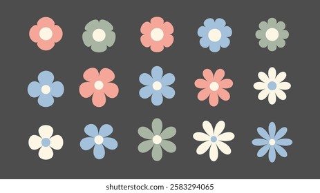 Vector flat style collection of colorful flowers on dark background, ideal for spring themed projects, invitations, or home decor