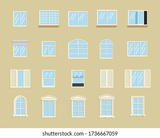 Vector flat style collection of various windows types. For interior and exterior use.