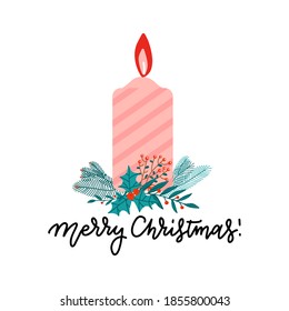 Vector de color llano o velas flamantes de Navidad con ramas de árbol de Navidad, bayas y bayas. Diseño de elementos navideños aislados en fondo blanco con letras de saludo