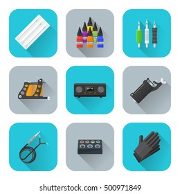 vector flat style color design various tattoo tools equipment needles paint inks grips tubes coil machine power supply device rotary type clip cord cap holder gloves rounded square icons shadow set