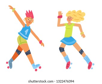 Vector flat style color illustration of two roller skater derby girls with blond hair and punk pink hair isolated on white