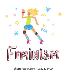 Vector flat style color illustration of roller skate derby girl with blond hair. Motivational quote feminism. T-shirt card poster print design