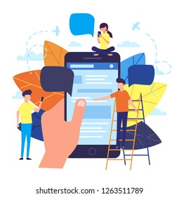 Vector flat style colorful illustration of communication via the internet, social networking, chat, video, news,messages, website, search friends, mobile web graphics, sending messages, online dating