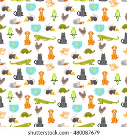 Vector flat style colorful seamless pattern with home pet. Illustration of cat, dog, parrot and others. White background. 