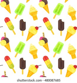 Vector flat style colorful seamless pattern with various kinds of ice cream. White background. 