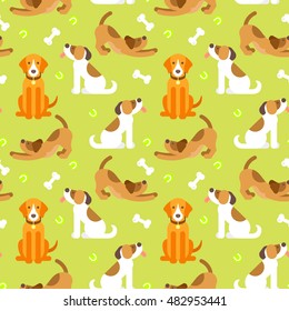 Vector flat style colorful seamless pattern with home pet. Illustration of dogs. Green background. 