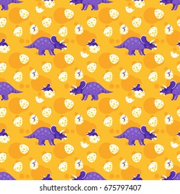 Vector flat style colorful seamless pattern with dinosaurs. 